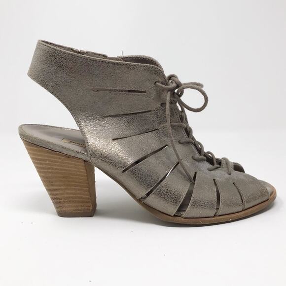 Paul Green Cosmo Leather Peep Toe Lace Up Sandal Bootie Heels shoes metallic 7.5 - Picture 1 of 16
